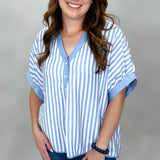 Honey Magic Light Blue Stripe Collared Oversized Top