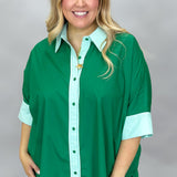 I Feel Fine Two-tone Collared Button Up Top, Green