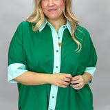 I Feel Fine Two-tone Collared Button Up Top, Green