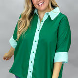 I Feel Fine Two-tone Collared Button Up Top, Green