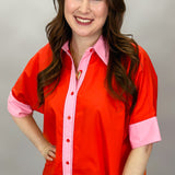 I Feel Fine Two-tone Collared Button Up Top, Red