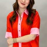 I Feel Fine Two-tone Collared Button Up Top, Red