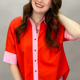 I Feel Fine Two-tone Collared Button Up Top, Red