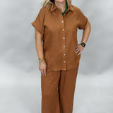 I Just Might Button Up Wide Leg Pant Set, Camel