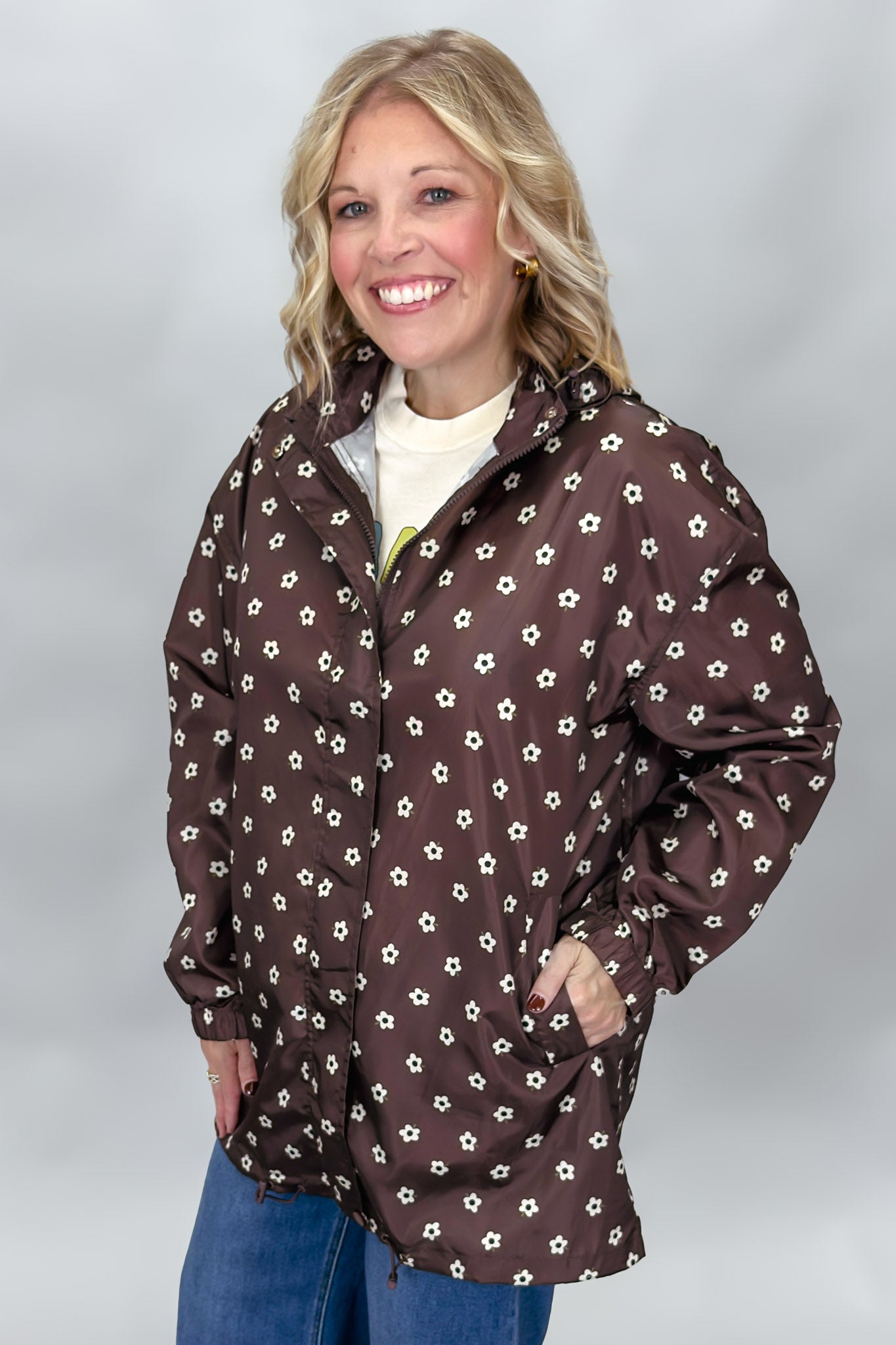 COMPANIA FANTASTICA I Love A Rainy Night Floral Print Rain Jacket, Brown, alternate product view