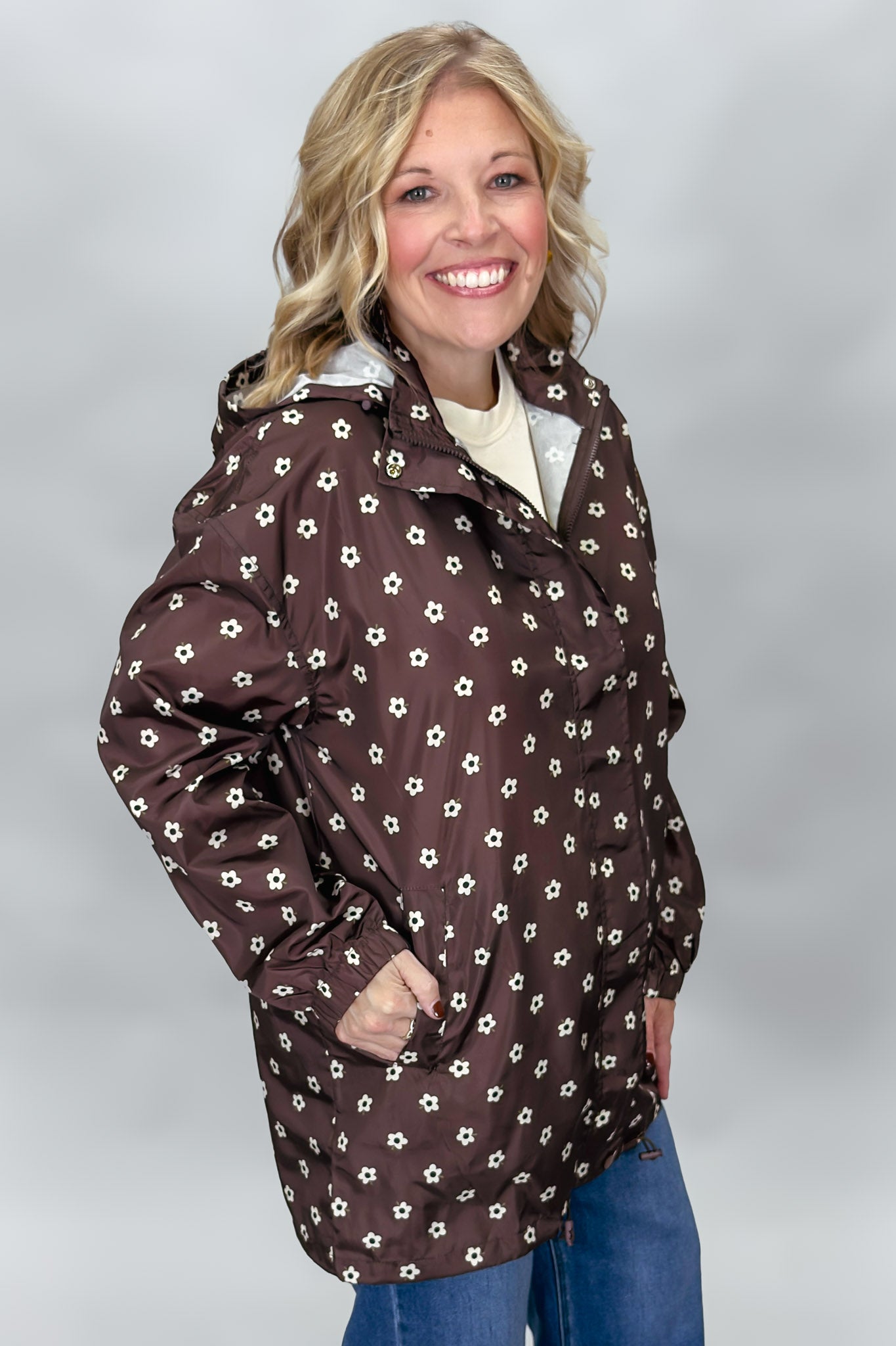 COMPANIA FANTASTICA I Love A Rainy Night Floral Print Rain Jacket, Brown, alternate product view