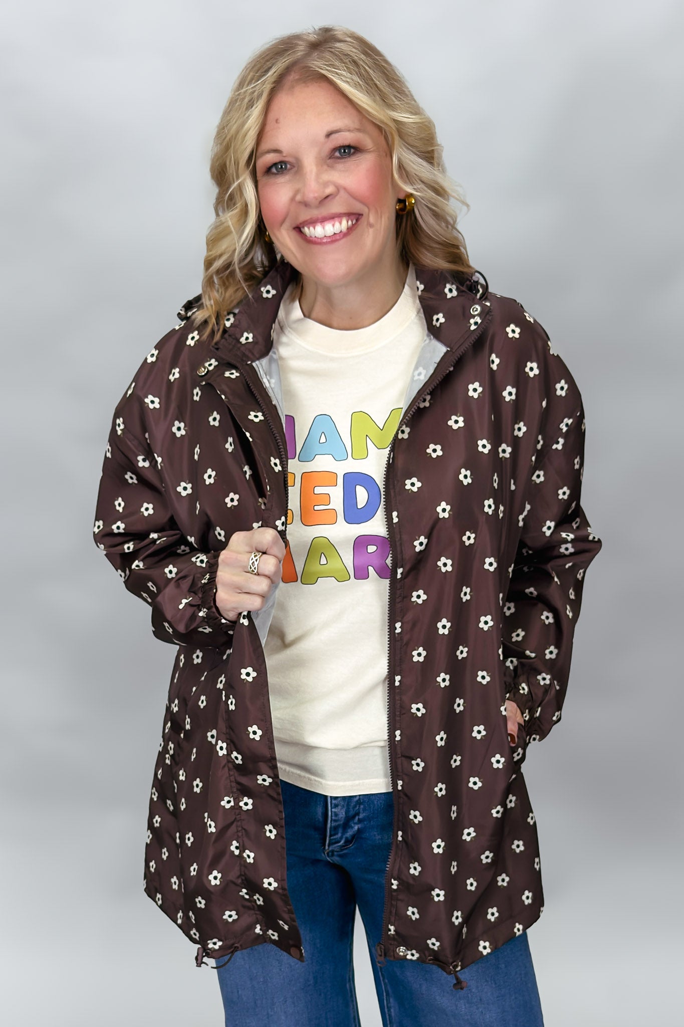 COMPANIA FANTASTICA I Love A Rainy Night Floral Print Rain Jacket, Brown, alternate product view