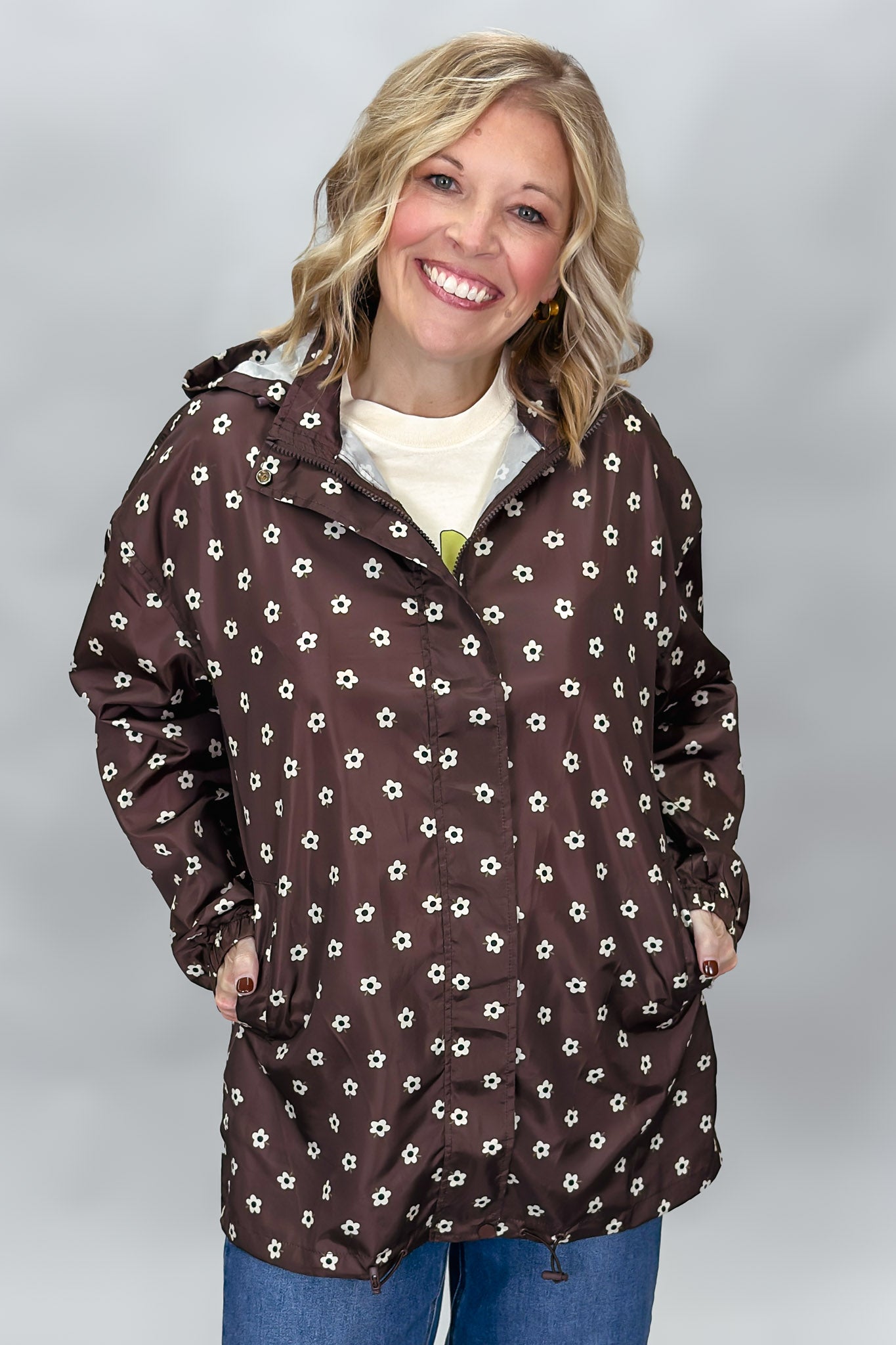 COMPANIA FANTASTICA I Love A Rainy Night Floral Print Rain Jacket, Brown, alternate product view