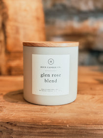 Hico Candle Co. Glen Rose Blend candle in a cream-colored container with a brown lid