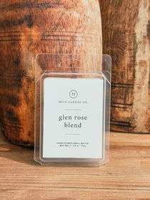 Hico Candle Co. Glen Rose Blend wax melts in a clear pack with white wax and a cream label