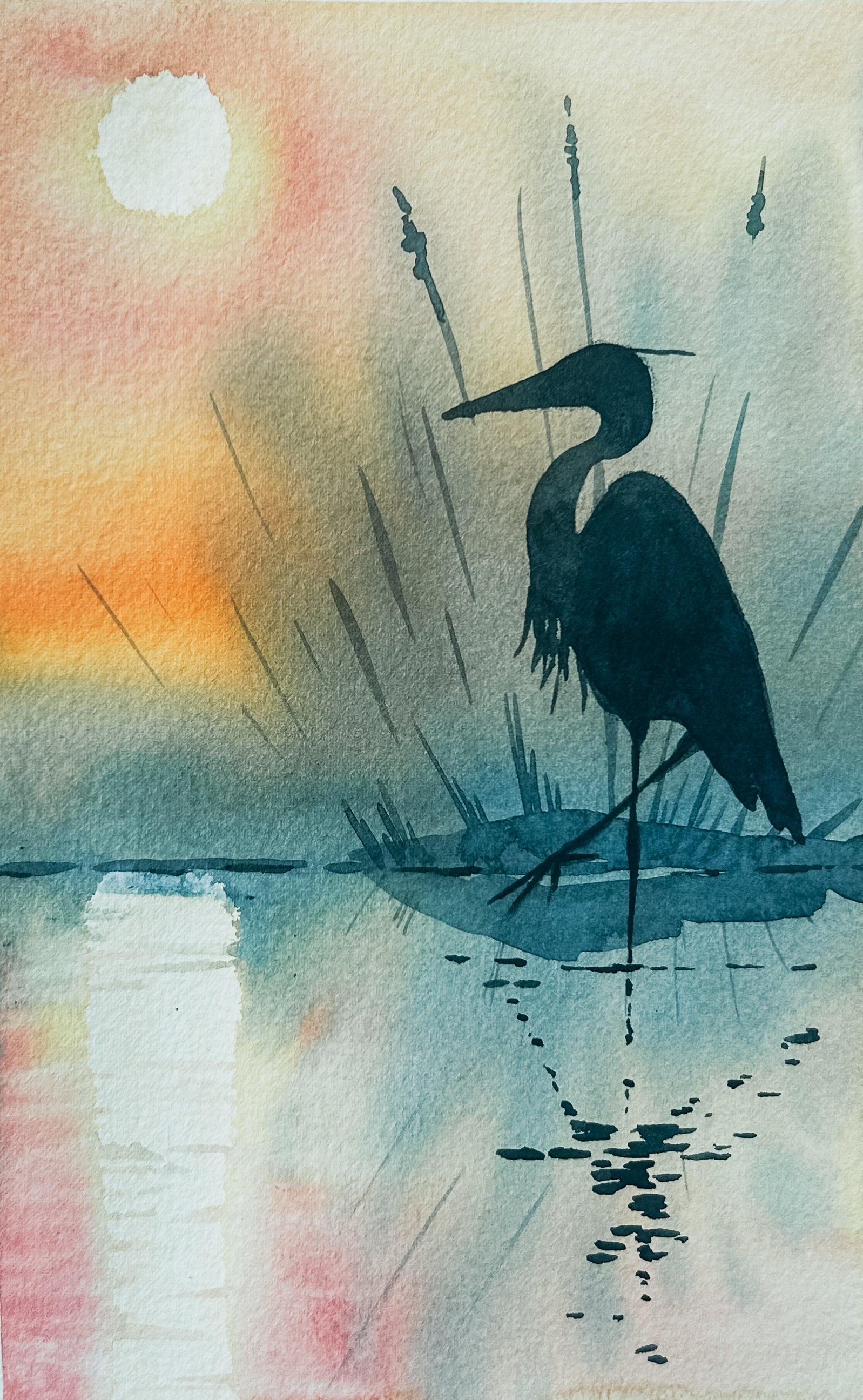 Silhouette of a heron against a colorful watercolor background with a lighthouse.