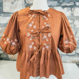 Up All Night Poplin Front-Tie Embroider Top, Rust