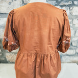 Up All Night Poplin Front-Tie Embroider Top, Rust