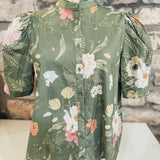 City Of Roses Floral Ruffled Neck Button Up Top