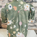 City Of Roses Floral Ruffled Neck Button Up Top