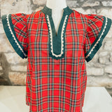 I Sing For Joy Scallop Trim Plaid Top