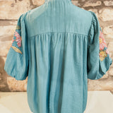 Take My Breath Away Embroider Puff-Sleeve Top, Teal