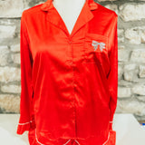 Holiday PJs, Button-Up Bow Satin Short Set, Red