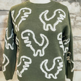 She Lit a Fire Crew Neck Sweater, Green Dino