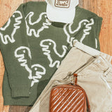 She Lit a Fire Crew Neck Sweater, Green Dino