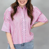 I Quit Drinking Half-Sleeve Pinstripe Button-Up Top, Pink