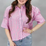 I Quit Drinking Half-Sleeve Pinstripe Button-Up Top, Pink