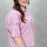 I Quit Drinking Half-Sleeve Pinstripe Button-Up Top, Pink