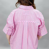 I Quit Drinking Half-Sleeve Pinstripe Button-Up Top, Pink