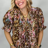 I Want You Back Paneled Button Down Floral Top, Brown