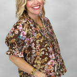 I Want You Back Paneled Button Down Floral Top, Brown