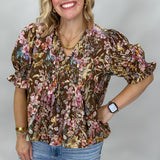 I Want You Back Paneled Button Down Floral Top, Brown