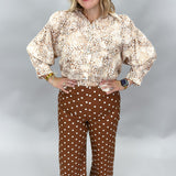 Into The Mystic Front Pocket Ruffle Bottom Polka Dot Pants, Brown
