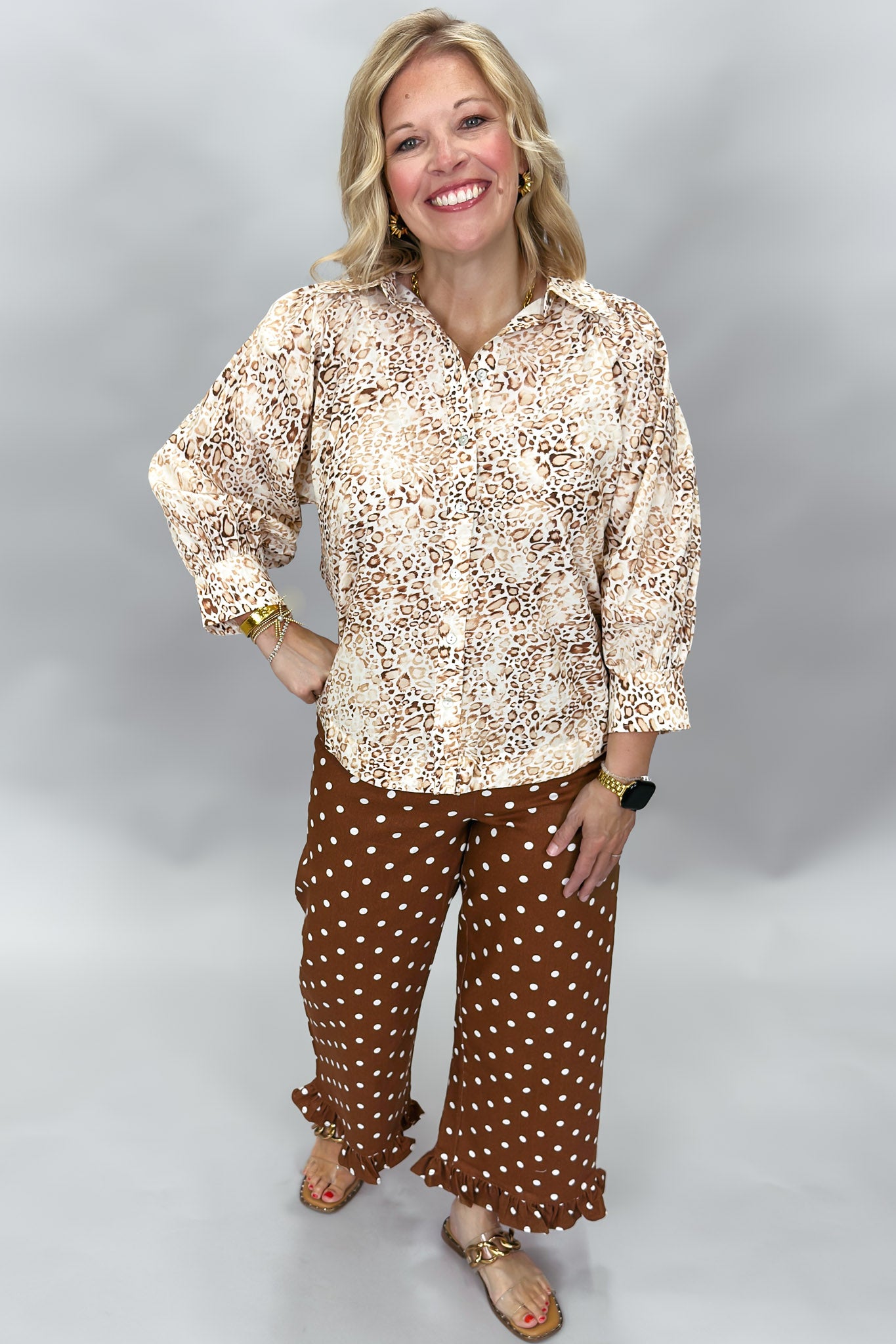 Into The Mystic Front Pocket Ruffle Bottom Polka Dot Pants, Brown