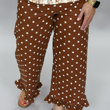 Into The Mystic Front Pocket Ruffle Bottom Polka Dot Pants, Brown