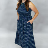 It Isn't Perfect Polka Dot Smocked Midi Dress, Navy
