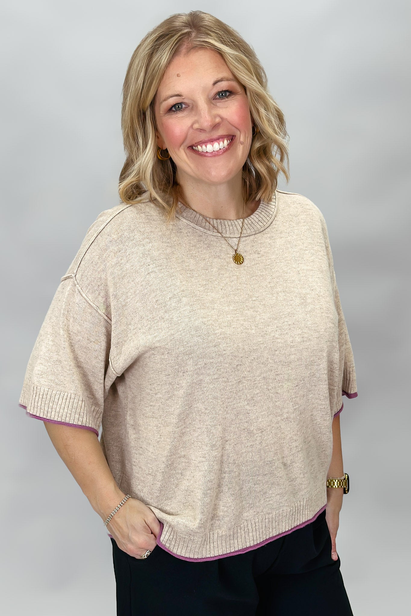 It Takes A Woman Short Sleeve Knit Boxy Sweater, Tan