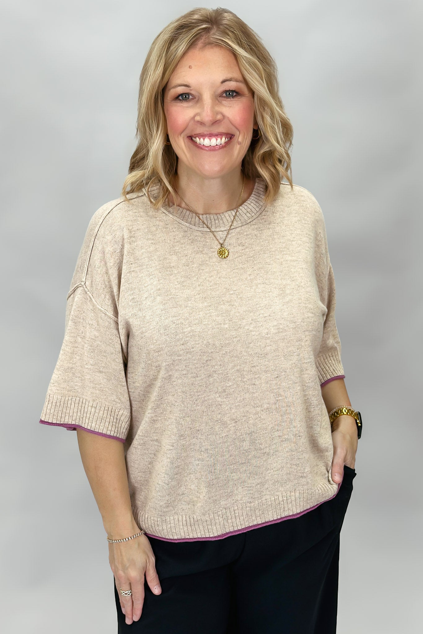It Takes A Woman Short Sleeve Knit Boxy Sweater, Tan