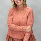 It's Not Unusual Ruffle Hem Cable Knit Sweater, Mauve