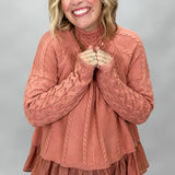 It's Not Unusual Ruffle Hem Cable Knit Sweater, Mauve