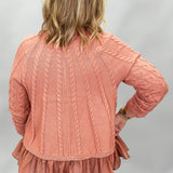 It's Not Unusual Ruffle Hem Cable Knit Sweater, Mauve