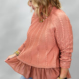 It's Not Unusual Ruffle Hem Cable Knit Sweater, Mauve