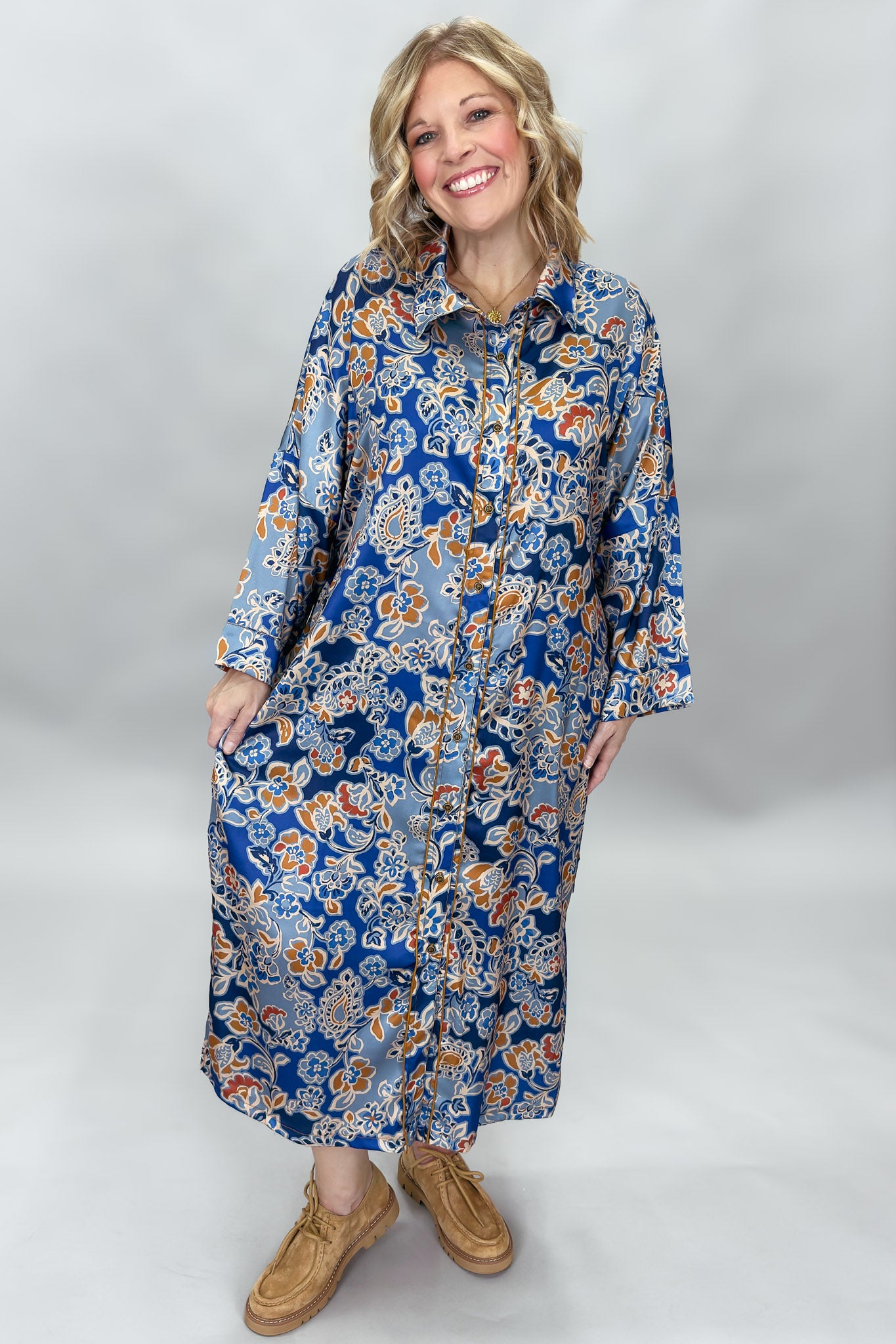 Ivy Jane Collared Floral Satin Midi Dress, Blue