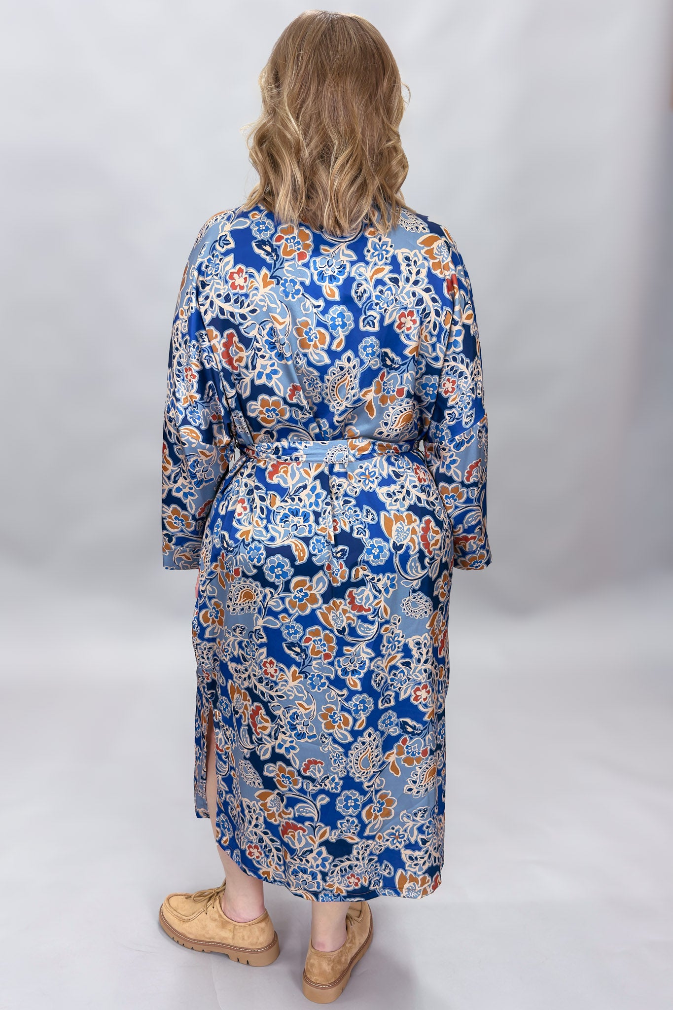 Uncle Frank blue floral satin midi dress with collar and waist tie; back view.