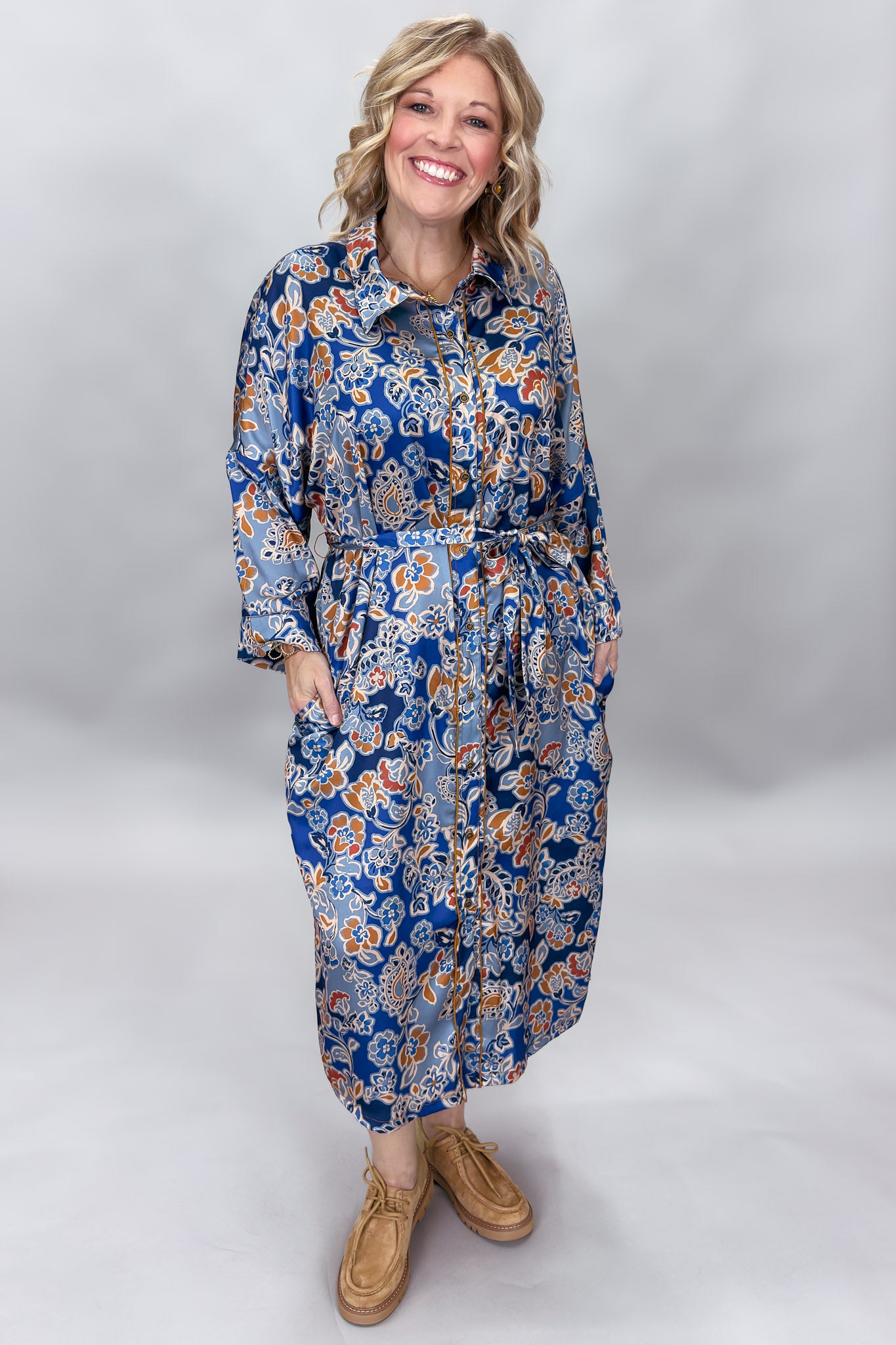 Ivy Jane Collared Floral Satin Midi Dress, Blue