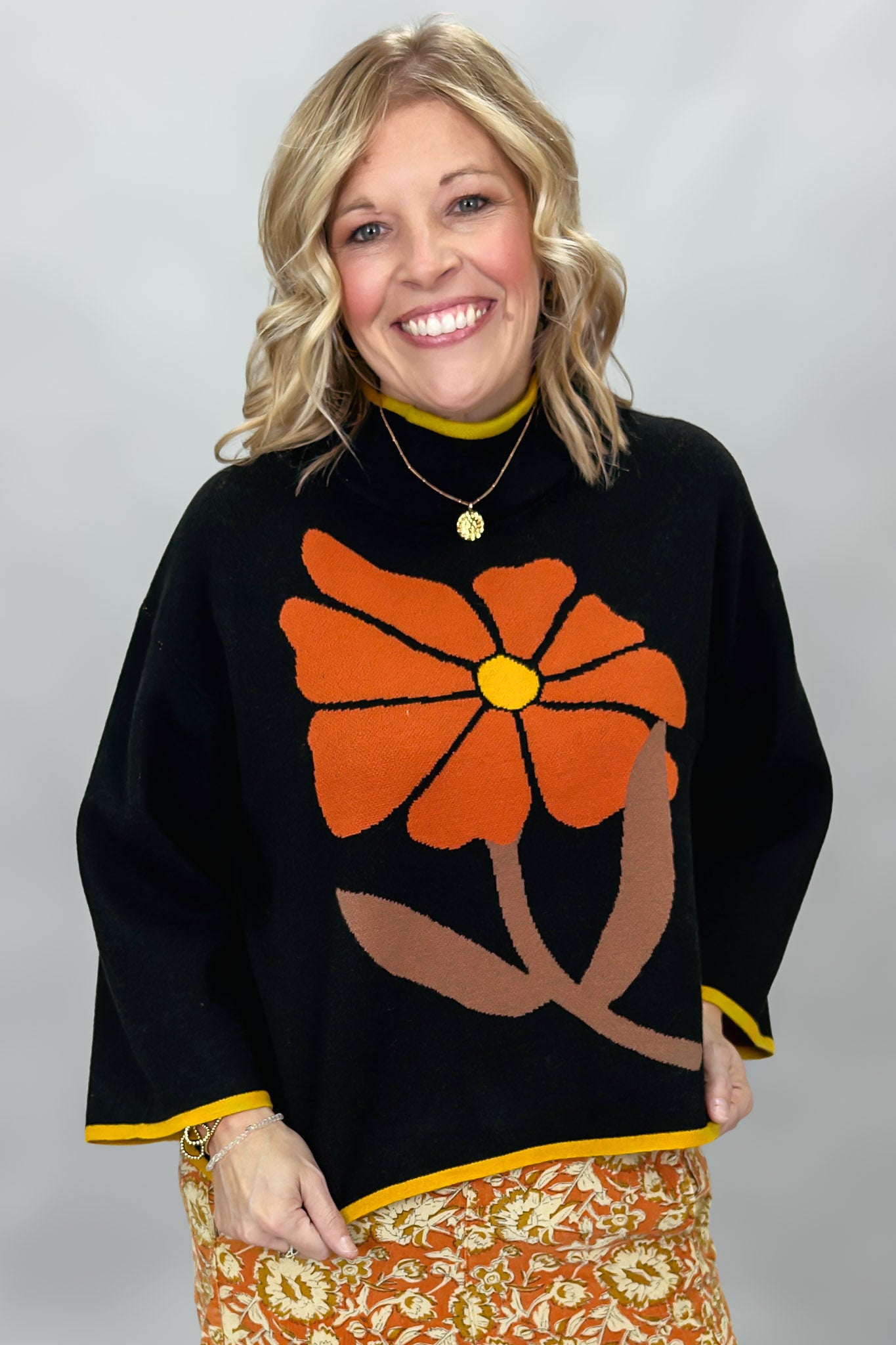 Ivy Jane Mock Neck 3/4 Sleeve Flower Sweater, Black