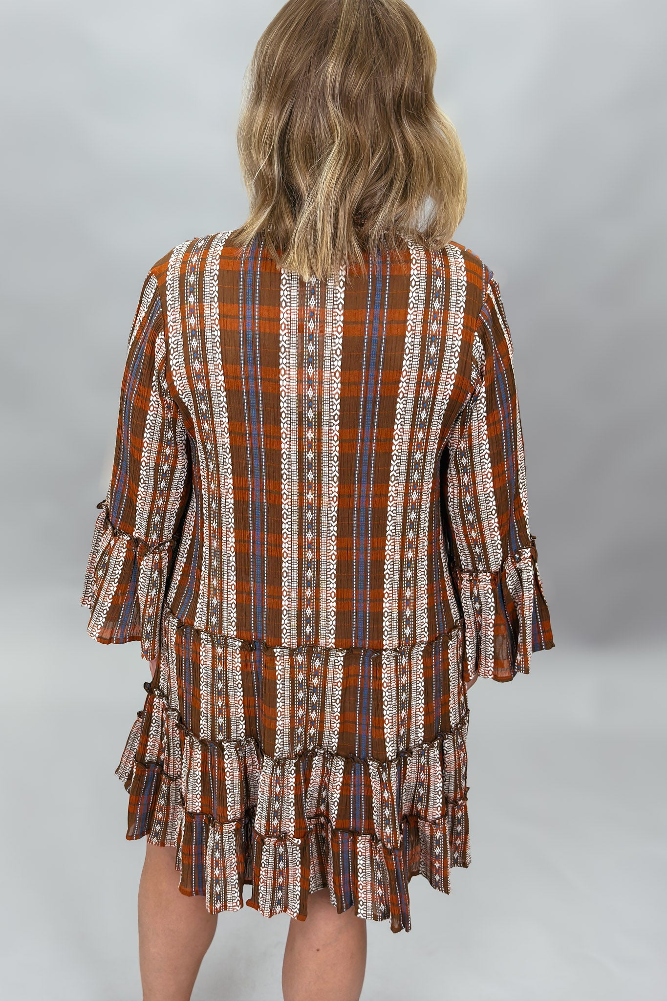 Ivy Jane plaid tiered button down dress, brown, front view