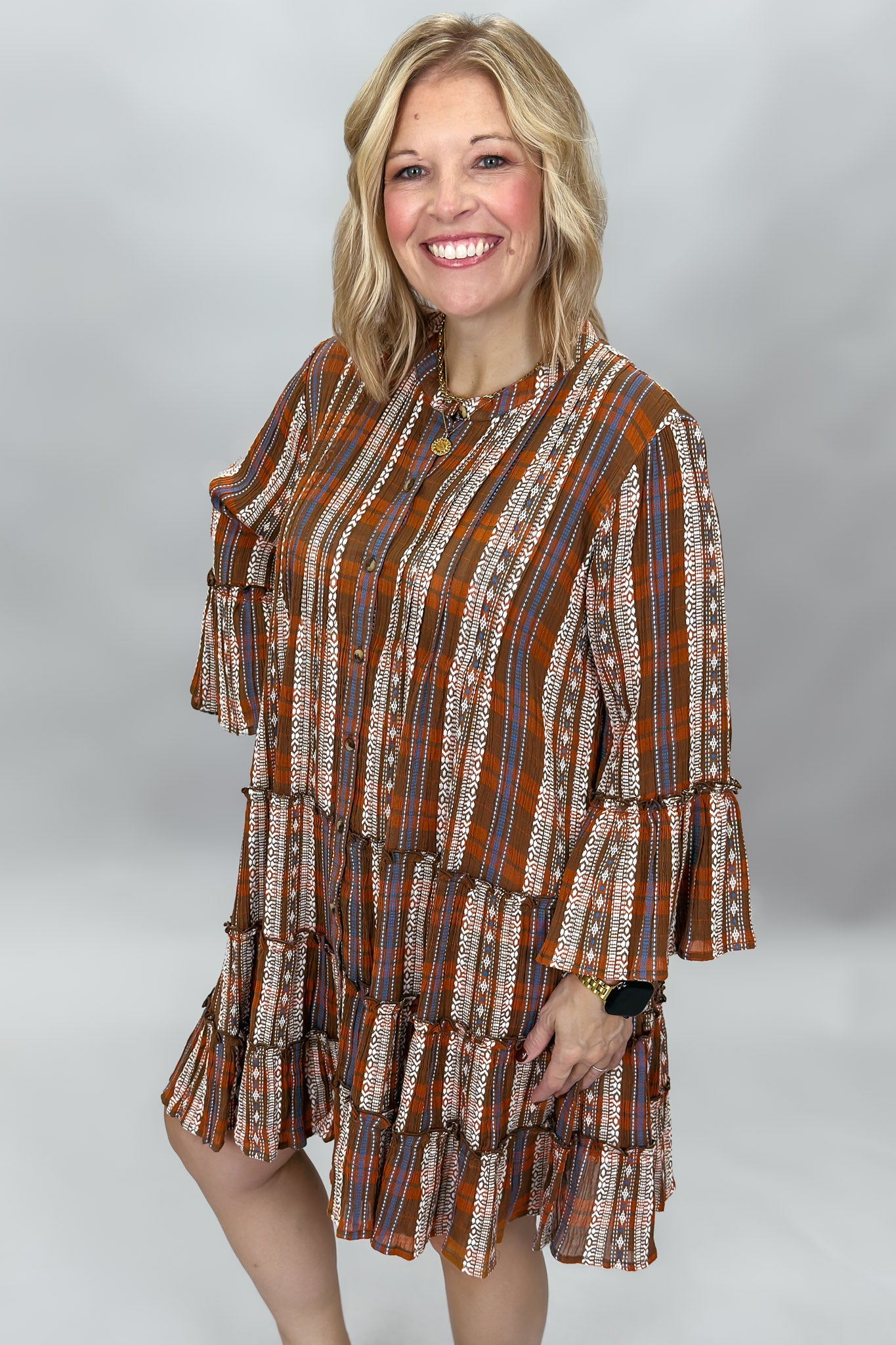 Ivy Jane plaid tiered button down dress, brown, back view