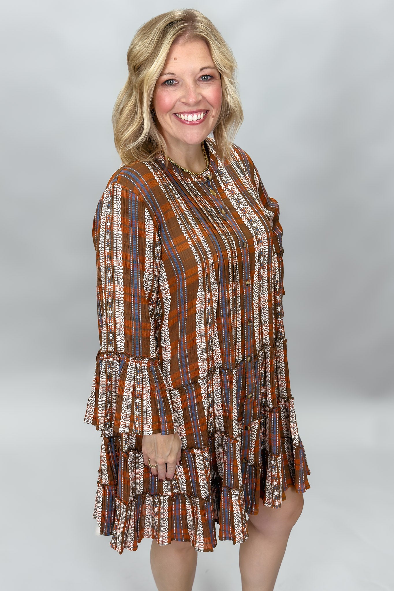 Ivy Jane plaid tiered button down dress, brown, side view