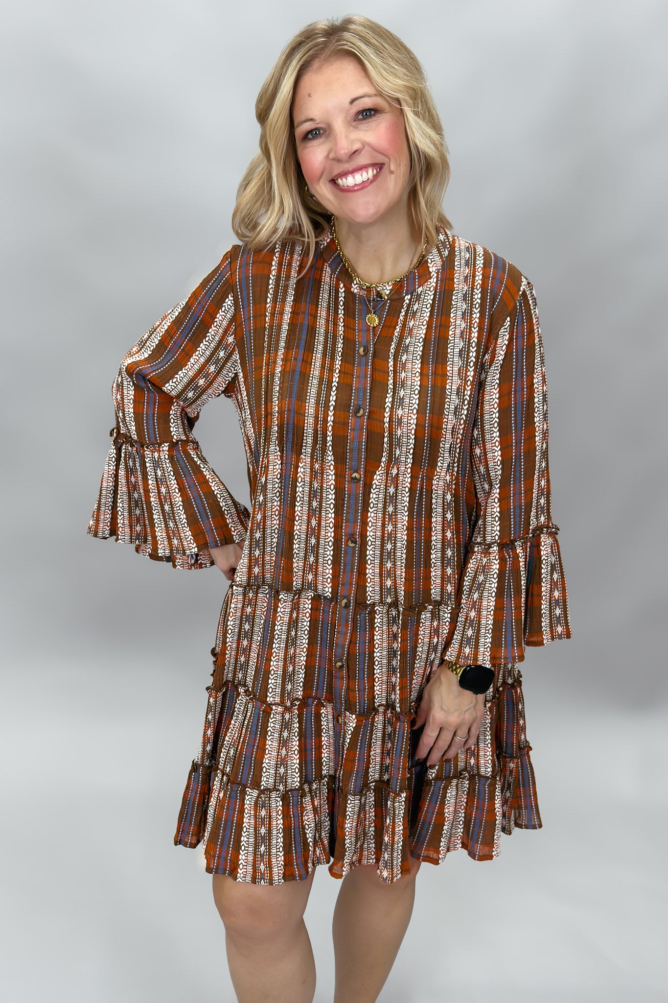 Ivy Jane plaid tiered dress, bell sleeve detail