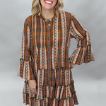 Ivy Jane plaid tiered button down dress, brown, styled